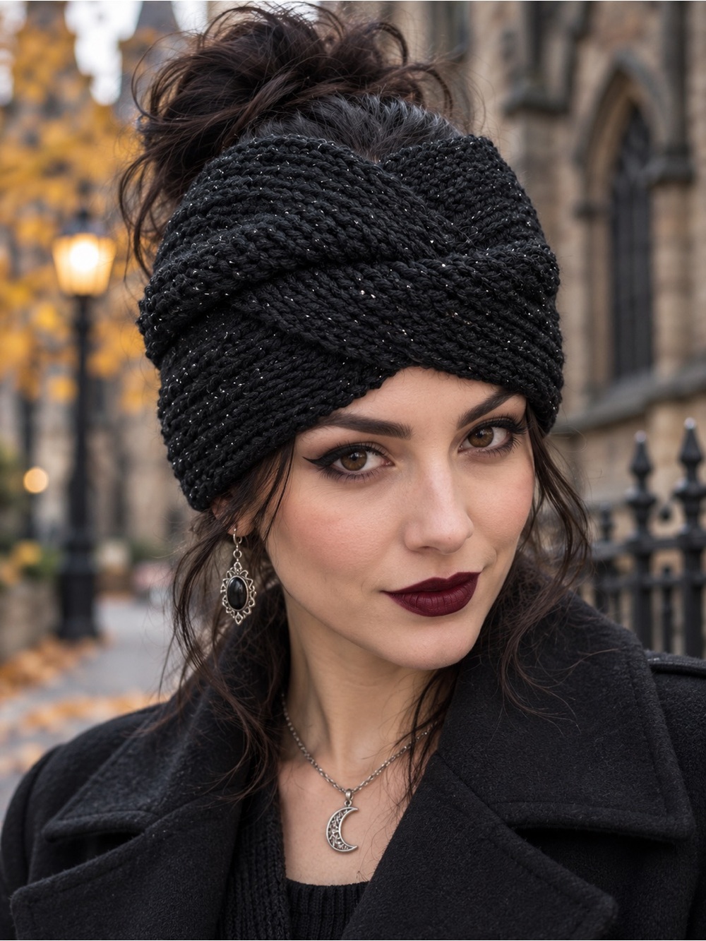 Handmade Black Sparkle Knit Ear Warmer Twist Front Goth Headband
